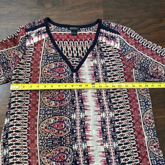 Lucky Brand cream, maroon & navy print long sleeve sheer top size L - Picture 9 of 10